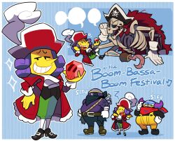 Rule 34 | 4boys, bandana, belt, black bandana, black footwear, black sclera, blank speech bubble, blue background, blue eyes, bone, border, brown footwear, cape, coat, colored sclera, colored skin, cortez, cup, drop shadow, english text, eyepatch, flavio, gem, gloves, green pants, grin, hand on own hip, hat, highres, holding, holding cup, holding gem, hook, horns, long nose, long sleeves, looking to the side, lord crump, loveycloud, lying, mario (series), medium hair, multiple boys, multiple views, music, musical note, nintendo, outline, overalls, pa-patch, pants, paper mario, paper mario: the thousand year door, personification, pirate hat, purple hair, purple horns, red bandana, red cape, red coat, red gemstone, red headwear, shoes, singing, skeleton, skull, smile, speech bubble, spoken musical note, striped, striped background, talking, white border, white gloves, white outline, yellow overalls, yellow skin