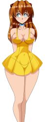 Rule 34 | 1girl, :/, absurdres, alcione makoto, alternate breast size, arms behind back, bare legs, blue eyes, breasts, cleavage, covered navel, dress, highres, large breasts, legs, legs together, lips, neon genesis evangelion, no bra, orange hair, panties, see-through, see-through dress, short dress, solo, souryuu asuka langley, sundress, thick thighs, thighs, tsundere, underwear, white panties, wide hips, yellow dress