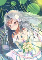 Rule 34 | 1girl, absurdres, blush, bouquet, bow, breasts, bridal veil, cleavage, closed mouth, collarbone, crossed bangs, detached sleeves, dress, dress bow, elbow gloves, eyes visible through hair, flower, frilled dress, frilled sleeves, frills, g11 (girls&#039; frontline), girls&#039; frontline, gloves, hair flower, hair ornament, half-closed eyes, highres, holding, holding bouquet, jewelry, lily pad, long hair, looking away, medium breasts, natsuki (digretking), necklace, pendant, reflection, ribbon, ripples, rose, sidelocks, silver hair, standing, standing on liquid, tiara, veil, very long hair, water, wedding, wedding dress, wet, wet clothes, white flower, white gloves, white rose