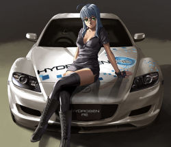 Rule 34 | 1girl, ahoge, arm support, blue hair, boots, breasts, car, cleavage, crossed legs, fingerless gloves, glasses, gloves, green eyes, legs, mazda, mazda rx-8, miniskirt, motor vehicle, on vehicle, sitting, skirt, smile, solo, thighhighs, vehicle, vehicle focus, zettai ryouiki, zipper