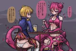 Rule 34 | 2girls, alcohol, beer, beer mug, blonde hair, breasts, bubble, cleavage, clothes lift, cocktail glass, cup, double bun, drinking glass, elbow gloves, fingerless gloves, gloves, hair ornament, jacket, mismatched sclera, monster girl, mug, multicolored clothes, multicolored eyes, multiple girls, open mouth, original, panties, pink gloves, pink hair, pink tail, pointing, ray-k, scrunchie, side ponytail, sitting, skirt, skirt lift, sleeveless, table, tail, translation request, underwear