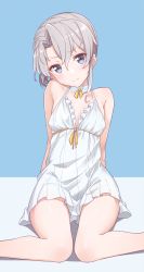 Rule 34 | 1girl, alternate costume, asymmetrical hair, bare arms, bare shoulders, blue eyes, blush, breasts, cleavage, collarbone, commentary request, dress, flipped hair, frilled dress, frills, hair between eyes, highres, kantai collection, konnyaku (kk-monmon), looking at viewer, nowaki (kancolle), ribbon, short hair, silver hair, sitting, small breasts, solo, swept bangs, thighs, two-tone background, yellow ribbon