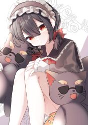 Rule 34 | 1girl, black hair, bow, cat, frilled hairband, frills, hair between eyes, hair bow, hairband, hand on own knee, highres, holding, holding stuffed toy, knees up, long sleeves, looking at viewer, original, poteo, red bow, red eyes, red ribbon, ribbon, short twintails, signature, sitting, solo, stuffed animal, stuffed toy, twintails