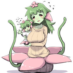Rule 34 | 2girls, bad id, bad pixiv id, blush, breasts, brown sweater, collarbone, colored skin, flower, flying sweatdrops, green hair, green skin, hair flower, hair ornament, large breasts, long hair, long sleeves, looking at viewer, monster girl, mother and daughter, multiple girls, open mouth, original, pink flower, plant girl, red eyes, shadow, shirt, short sleeves, sweater, thick eyebrows, u-non (annon&#039;an), wavy mouth, white background, white shirt, wide sleeves