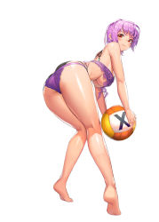 Rule 34 | 1girl, ass, ayane (doa), ball, bare arms, bare shoulders, barefoot, bikini, blush, breasts, closed mouth, dead or alive, destiny child, from behind, full body, holding, kim hyung tae, large breasts, lips, looking at viewer, looking back, official art, purple bikini, purple hair, red eyes, shiny skin, short hair, smile, swimsuit, thighs, toes, underboob, volleyball, volleyball (object)