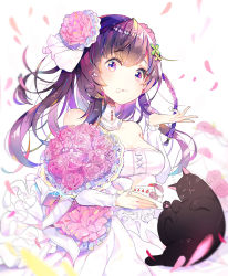 Rule 34 | 1girl, animal, bad id, bad pixiv id, bare shoulders, black cat, blush, bouquet, breasts, bride, brown hair, cake, cake slice, cat, closed mouth, collar, detached collar, dress, flower, food, food on face, food on hand, fruit, hair flower, hair ornament, highres, holding, holding plate, layer cake, long hair, looking at viewer, mao ge, medium breasts, multicolored hair, original, petals, pink flower, pink rose, plate, purple eyes, purple hair, rose, solo, strapless, strapless dress, strawberry, tongue, tongue out, wedding cake, wedding dress, white background, white collar, white dress