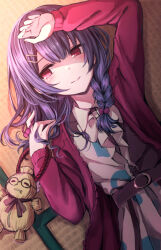 Rule 34 | 1girl, alternate hairstyle, ascot, belt, blue hair, blush, braid, brown belt, cardigan, closed mouth, dot nose, dress, flat chest, from above, hair between eyes, hair bobbles, hair ornament, hairclip, hand on own head, idolmaster, idolmaster shiny colors, kamekoya sato, long sleeves, looking at another, lying, morino rinze, on back, open cardigan, open clothes, red cardigan, red eyes, short hair, single braid, smile, solo, straw doll, tatami, white ascot, white dress