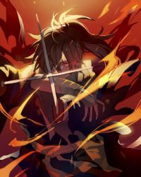 Rule 34 | 1boy, amputee, black hair, dororo (tezuka), fighting stance, fire, hair over one eye, hyakkimaru (dororo), japanese clothes, long hair, looking at viewer, male focus, missing limb, ponytail, prosthesis, prosthetic arm, red eyes, solo, sword, tsugutoku, weapon