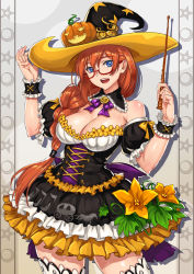 Rule 34 | 1girl, bare shoulders, blush, braid, breasts, cleavage, corset, cowboy shot, curvy, detached collar, flower, frilled skirt, frills, glasses, halloween, hat, jack-o&#039;-lantern, large breasts, leona ardealescu, long hair, looking at viewer, open mouth, original, red-framed eyewear, ryuuzaki ichi, semi-rimless eyewear, single braid, skirt, solo, star (symbol), star print, thighhighs, under-rim eyewear, very long hair, wand, white thighhighs, wide hips, witch, witch hat, wrist cuffs