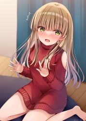 Rule 34 | 1girl, ^^^, bare shoulders, barefoot, blurry, blurry background, blush, brown hair, clothing cutout, commentary request, curtains, depth of field, dress, green eyes, indoors, long hair, looking at viewer, nose blush, open mouth, original, red sweater, sakura hiyori, shoulder cutout, sitting, solo, sweater, sweater dress, twitter username, very long hair, wooden floor, yokozuwari
