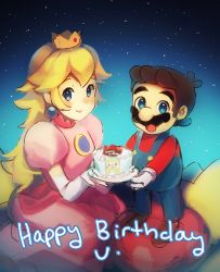 Rule 34 | 1boy, 1girl, birthday cake, blonde hair, blue eyes, brown hair, cake, crown, earrings, elbow gloves, facial hair, food, gloves, happy birthday, height difference, jewelry, long hair, mario, mario (series), mustache, nintendo, overalls, princess peach, smile, star (symbol), starry background, weee (raemz), white gloves