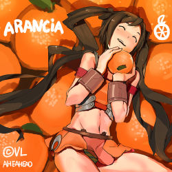 Rule 34 | 1girl, aheahead, arancia, brown hair, character name, closed eyes, food, fruit, happy, highres, holding, holding food, holding fruit, midriff, miniskirt, orange (fruit), orange skirt, orange theme, original, panties, skirt, solo, striped clothes, striped panties, twintails, underwear