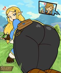 Rule 34 | !, 1boy, 1girl, ?, absurdres, artist name, ass, bent over, black pants, blonde hair, blood, blue eyes, blush, fanny pack, fingerless gloves, frog, gloves, grass, hair ornament, hairclip, heart, highres, huge ass, link, long hair, looking back, nintendo, nosebleed, outdoors, pants, pointy ears, princess zelda, silenttandem, sky, the legend of zelda, the legend of zelda: breath of the wild, thumbs up, tight clothes, tight pants