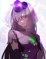 Rule 34 | 1girl, absurdres, black gloves, dress, elbow gloves, flower, gloves, hair flower, hair ornament, hair over one eye, highres, kanta (pixiv9296614), long hair, open mouth, purple dress, purple eyes, purple flower, purple hair, short sleeves, smile, solo, touhou, unfinished dream of all living ghost, upper body, yomotsu hisami