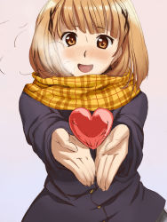 Rule 34 | 1girl, absurdres, anon tyty-yde, blush, brown eyes, brown hair, coat, heart, highres, koyama mai, looking at viewer, mai (4chan), original, outstretched arms, plaid, plaid scarf, scarf, short hair, solo, third-party source, valentine