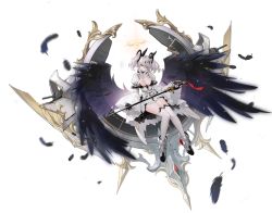 Rule 34 | 1girl, azur lane, black feathers, black gloves, black wings, breasts, breasts apart, dress, feathered wings, feathers, fingerless gloves, full body, gloves, grey hair, hair ornament, halo, highres, holding, holding sword, holding weapon, joffre (azur lane), juliet sleeves, long hair, long sleeves, medium breasts, official art, puffy sleeves, red eyes, rigging, rudder footwear, solo, suisai (suisao), sword, thighhighs, transparent background, twintails, weapon, white dress, white thighhighs, wide sleeves, wings