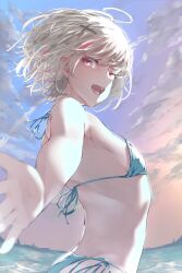 Rule 34 | 1girl, absurdres, asumi sena, bikini, breasts, cloud, cloudy sky, cross hair ornament, fangs, from below, from side, green bikini, grey hair, hair ornament, highres, looking at viewer, multicolored hair, oa (or 12o), ocean, open mouth, outstretched arms, pink eyes, pink hair, short hair, side-tie bikini bottom, sky, small breasts, smile, streaked hair, swimsuit, upper body, virtual youtuber, vspo!