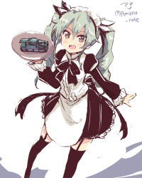 Rule 34 | 10s, 1girl, :d, alternate costume, amano kouki, anchovy (girls und panzer), apron, black ribbon, black thighhighs, blush, brown eyes, dress, drill hair, enmaided, frills, garter straps, girls und panzer, green hair, hair between eyes, hair ribbon, highres, long hair, long sleeves, looking at viewer, maid, maid headdress, military, military vehicle, motor vehicle, open mouth, puffy long sleeves, puffy sleeves, ribbon, smile, solo, tank, thighhighs, tray, twin drills, twintails, twitter username, waist apron, zettai ryouiki
