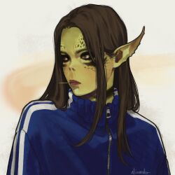 Rule 34 | 1girl, alisandor, baldur&#039;s gate, baldur&#039;s gate 3, blue track suit, brown eyes, brown hair, close-up, colored skin, dungeons &amp; dragons, gith (dungeons &amp; dragons), green skin, highres, lae&#039;zel, long hair, mouth hold, pointy ears, portrait, simple background, solo, stalk in mouth, straight hair, toothpick, track suit, white background, zipper