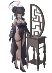 Rule 34 | 1girl, absurdres, alternate costume, alternate hairstyle, b-pang, black footwear, black gloves, black jacket, blue archive, breasts, brown eyes, china dress, chinese clothes, cleavage, covered navel, dark-skinned female, dark skin, detached collar, double bun, dress, full body, gloves, hair bun, halo, highres, jacket, karin (blue archive), large breasts, looking at viewer, necktie, open clothes, open jacket, shoes, sidelocks, solo, standing, thigh strap, unfinished, white necktie