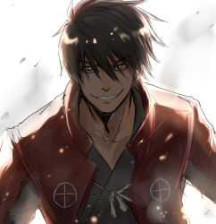 Rule 34 | 10s, 1boy, black eyes, black hair, cowboy shot, drifters, emblem, glowing, glowing eyes, grin, isshiki (ffmania7), jacket, looking at viewer, male focus, out of frame, red jacket, shimazu toyohisa, smile, solo, upper body