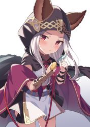 Rule 34 | 1girl, animal ears, arm guards, belt, black skirt, blush, cloak, closed mouth, commentary request, crime prevention buzzer, ears through headwear, erune, gradient background, granblue fantasy, green hair, grey background, grey hair, highres, hiyaya (kochi michikaze), holding, hood, hooded cloak, index finger raised, long hair, looking at viewer, parted bangs, red eyes, scathacha (granblue fantasy), skirt, solo, standing, sweat, white background