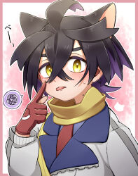 Rule 34 | 1boy, ahoge, animal ears, black hair, blue shirt, border, colored inner hair, commentary request, creatures (company), game freak, gloves, highres, jacket, kieran (pokemon), kyouka. (kyouka), male focus, mole, mole on neck, multicolored hair, necktie, nintendo, outside border, partially fingerless gloves, pink border, pokemon, pokemon sv, red gloves, red necktie, scarf, shirt, solo, spoken squiggle, squiggle, sweatdrop, tongue, tongue out, upper body, yellow eyes, yellow scarf