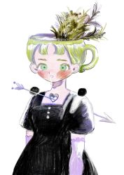 Rule 34 | 1girl, absurdres, arrow (projectile), black dress, blush, dress, drooling, green eyes, green hair, highres, hndssr, looking at viewer, original, partially immersed, short sleeves, simple background, solo, upper body, white background