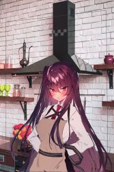 Rule 34 | 1girl, absurdres, apron, blush, brown apron, brown ribbon, collared shirt, food, girls&#039; frontline, hair ribbon, highres, indoors, kitchen, long hair, looking at viewer, necktie, one side up, open mouth, purple hair, red eyes, red necktie, red ribbon, ribbon, shirt, solo, soukou makura, standing, wa2000 (girls&#039; frontline), white shirt