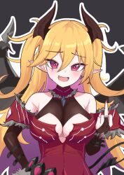 absurdres bare_shoulders black_background black_bridal_gauntlets black_wings blonde_hair blush breasts bridal_gauntlets cafelittle cleavage commentary_request demon_girl demon_horns demon_wings dress duel_monster facial_mark fang highres horns lacrima_the_scarlet_sorrow large_breasts long_hair middle_finger nail_polish pointy_ears red_dress red_eyes simple_background skin_fang smile upper_body wings yu-gi-oh!