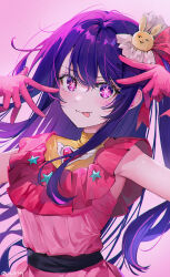 Rule 34 | 1girl, :p, closed mouth, commentary, dress, gloves, hair ornament, hands up, highres, hoshino ai (oshi no ko), idol, long hair, looking at viewer, oshi no ko, pink background, pink dress, pink eyes, pink gloves, purple hair, rabbit hair ornament, rity, sleeveless, sleeveless dress, solo, star-shaped pupils, star (symbol), star in eye, symbol-shaped pupils, symbol in eye, tongue, tongue out, twitter username, upper body, very long hair