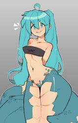 Rule 34 | 1girl, absurdres, ahoge, aqua eyes, aqua hair, aqua nails, bare shoulders, black tube top, blush, cowboy shot, gradient background, grey background, hair between eyes, hatsune miku, highres, knuxy, lamia, long hair, looking at viewer, midriff, monster girl, navel, parted lips, scales, smile, solo, strapless, tube top, very long hair, vocaloid