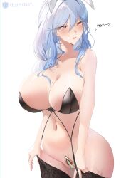 Rule 34 | 1girl, absurdres, animal ears, azur lane, bare shoulders, blue hair, blush, braid, braided ponytail, breasts, chaunceley, chen hai (azur lane), chen hai (azur lane) (cosplay), chen hai (retrofit) (azur lane), cleavage, collarbone, cosplay, crotch plate, hair between eyes, highres, hololive, large breasts, light smile, long hair, looking at viewer, mature female, multicolored hair, navel, open mouth, pekomama, rabbit ears, rabbit girl, red eyes, short eyebrows, simple background, smile, solo, sweat, thick eyebrows, thighhighs, virtual youtuber, white hair