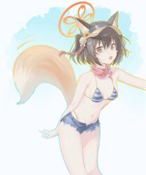 1girl :d absurdres animal_ear_fluff animal_ears bare_shoulders bikini bikini_under_clothes blue_archive blue_shorts breasts brown_eyes brown_hair denim denim_shorts fang flower fox_ears fox_girl fox_tail hair_between_eyes hair_flower hair_ornament halo highleg highleg_bikini highres izuna_(blue_archive) izuna_(swimsuit)_(blue_archive) leaning_forward looking_at_viewer navel official_alternate_costume open_mouth pink_halo pink_scarf scarf short_hair short_shorts shorts simple_background skin_fang small_breasts smile solo stomach striped_bikini striped_clothes swimsuit tail visor_cap xianyusixu yellow_eyes