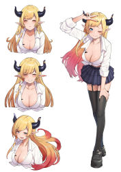 Rule 34 | 1girl, absurdres, alternate costume, asymmetrical hair, black footwear, black nails, black thighhighs, blonde hair, blue eyes, blue skirt, blush, breast tattoo, breasts, cleavage, closed eyes, closed mouth, collarbone, collared shirt, commentary, demon girl, demon horns, eyelashes, floating hair, full body, garter straps, gradient hair, grin, hair ribbon, highres, hololive, horns, leaning forward, long hair, looking at viewer, mary janes, medium breasts, mikan (chipstar182), miniskirt, multicolored hair, multiple views, nail polish, one eye closed, open mouth, plaid, plaid skirt, pleated skirt, plunging neckline, pointy ears, puckered lips, red hair, ribbon, school uniform, shirt, shoes, sidelocks, simple background, skirt, smile, standing, straight hair, tattoo, thighhighs, tied shirt, two-tone hair, upper body, v, virtual youtuber, white background, white ribbon, white shirt, yuzuki choco, zettai ryouiki