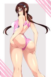 1girl ass ass_support blue_eyes blush breasts brown_hair from_behind glasses highres lindaroze long_hair looking_at_viewer looking_back makinami_mari_illustrious neon_genesis_evangelion one-piece_swimsuit pink_one-piece_swimsuit rebuild_of_evangelion red-framed_eyewear shiny_skin smile solo standing swimsuit twintails