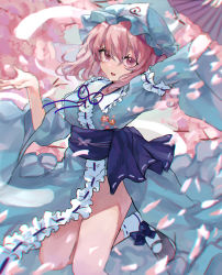 Rule 34 | 1girl, absurdres, black footwear, blue hat, blue kimono, blush, cherry blossoms, commentary, folding fan, frilled kimono, frilled sleeves, frills, hair between eyes, hand fan, hat, highres, holding, holding fan, japanese clothes, kani nyan, kimono, long sleeves, mob cap, open mouth, petals, pink eyes, pink hair, saigyouji yuyuko, shoes, short hair, smile, solo, symbol-only commentary, touhou, triangular headpiece, white legwear, wide sleeves