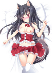 Rule 34 | 1girl, animal ear fluff, animal ears, bare shoulders, bed sheet, black hair, blush, breasts, closed mouth, clothes pull, commentary request, detached sleeves, frilled shirt, frilled skirt, frills, hair between eyes, hand up, head tilt, highres, long hair, lying, medium breasts, navel, nipples, nose blush, on back, original, panties, pleated skirt, puffy short sleeves, puffy sleeves, red eyes, red shirt, red skirt, shirt, shirt pull, short sleeves, skirt, solo, striped clothes, striped panties, tail, thighhighs, underwear, usaginezumi, very long hair, white sleeves, white thighhighs