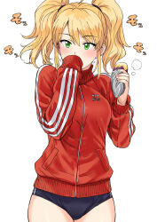 Rule 34 | 1girl, blonde hair, buruma, covering own mouth, food, green eyes, hand over own mouth, highres, holding, holding food, hoshii miki, idolmaster, idolmaster (classic), jacket, long sleeves, looking at viewer, roasted sweet potato, simple background, solo, sportswear, sweet potato, track jacket, tsurui, twintails
