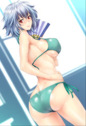 Rule 34 | 10s, 1girl, absurdres, ahoge, ass, bad id, bad pixiv id, bikini, blue hair, blush, breasts, covered erect nipples, hand fan, hand on own hip, highres, infinite stratos, large breasts, looking at viewer, looking back, red eyes, sarashiki tatenashi, shiny skin, short hair, side-tie bikini bottom, skindentation, smile, solo, standing, strap gap, swimsuit, trefoil, underboob, zucchini