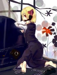 Rule 34 | 1girl, antique phone, barefoot, blonde hair, corded phone, embodiment of scarlet devil, feet, female focus, flower, hair ribbon, highres, looking back, mary janes, murani, phone, profile, red eyes, ribbon, rotary phone, rumia, shoes, solo, talking on phone, touhou