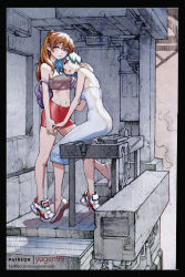 Rule 34 | 2girls, ayanami rei, backpack, bag, bandeau, blue eyes, blue hair, book, cable, clothes lift, colored pencil (medium), crop top, cross, cross earrings, door, dress, earrings, evangelion: 3.0 you can (not) redo, head on another&#039;s shoulder, holding hands, hug, jewelry, midriff, miniskirt, multiple girls, navel, neon genesis evangelion, no socks, on table, orange hair, paid reward available, pencil, rebuild of evangelion, red eyes, shirt lift, shoes, sitting, sketch, skirt, sneakers, souryuu asuka langley, table, traditional media, twintails, white dress, yugen99