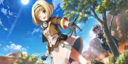 Rule 34 | 2girls, behind tree, black gloves, blonde hair, blue sky, boots, brown eyes, brown jacket, character request, cropped jacket, day, dutch angle, from below, game cg, gloves, goggles, goggles around neck, hairband, highres, jacket, kouya no kotobuki hikoutai, looking at viewer, mountainous horizon, multiple girls, non-web source, official art, one eye closed, outdoors, pouch, reaching, reaching towards viewer, short hair, skirt, sky, standing, sun, sunlight, white skirt