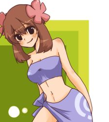 Rule 34 | 1girl, alternate costume, bandeau, bare arms, blue bandeau, blue sarong, blush, breasts, cleavage, commentary request, cosplay, creatures (company), elite four, female focus, flower, game freak, hagino aki, hair flower, hair ornament, lowres, may (pokemon), midriff, navel, nintendo, phoebe (pokemon), phoebe (pokemon) (cosplay), pokemon, pokemon (anime), pokemon rse (anime), print sarong, sarong, short hair with long locks, smile, solo, strapless