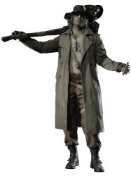 Rule 34 | 1boy, 3d, beard, black gloves, boots, capcom, cigarette, coat, facial hair, full body, gloves, grin, hammer, hat, highres, holding, holding weapon, karl heisenberg, looking at viewer, male focus, official art, oversized object, resident evil, resident evil village, simple background, smile, solo, sunglasses, weapon, white background