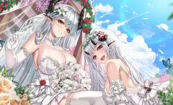 Rule 34 | 2girls, bare shoulders, black horns, blush, bouquet, breasts, bridal veil, cenangam, day, dress, elbow gloves, epic seven, flower, gloves, grey hair, highres, horns, large breasts, long hair, looking at viewer, luna (epic seven), multiple girls, open mouth, outdoors, parted lips, pointy ears, red eyes, smile, teeth, thighhighs, veil, wedding dress, white dress, white gloves, white thighhighs, yellow eyes, yufine (epic seven)