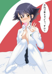 Rule 34 | 10s, 1girl, absurdres, bed, black hair, blush, breasts, brown eyes, cleavage, condom, condom in mouth, girls und panzer, highres, large breasts, mouth hold, no shoes, open clothes, open shirt, pantyhose, pepperoni (girls und panzer), qtarou, shirt, solo