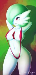 Rule 34 | 1girl, armpits, arms behind head, arms up, artist name, bikini, breasts, collarbone, creatures (company), female focus, game freak, gardevoir, gen 3 pokemon, green hair, hair over one eye, highres, large breasts, legs apart, looking to the side, navel, nintendo, pokemon, pokemon (creature), pokemon rse, rainbow background, red benjamin, red bikini, red eyes, short hair, signature, simple background, slingshot swimsuit, smile, solo, standing, swimsuit, text focus
