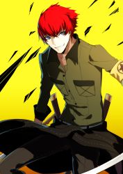 Rule 34 | 1boy, 720yen, grin, highres, minazuki sho, persona, persona 4: the ultimate in mayonaka arena, red hair, scar, short hair, grey eyes, smile, sword, weapon, yellow background