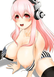 Rule 34 | 1girl, bikini, black thighhighs, bra, breasts, female focus, headphones, huge breasts, long hair, nipples, nitroplus, open bra, open mouth, pink hair, puffy nipples, red eyes, simple background, sitting, solo, spread legs, striped bikini, striped clothes, super sonico, swimsuit, thighhighs, tomatto (@ma!), underwear, wardrobe malfunction, white background
